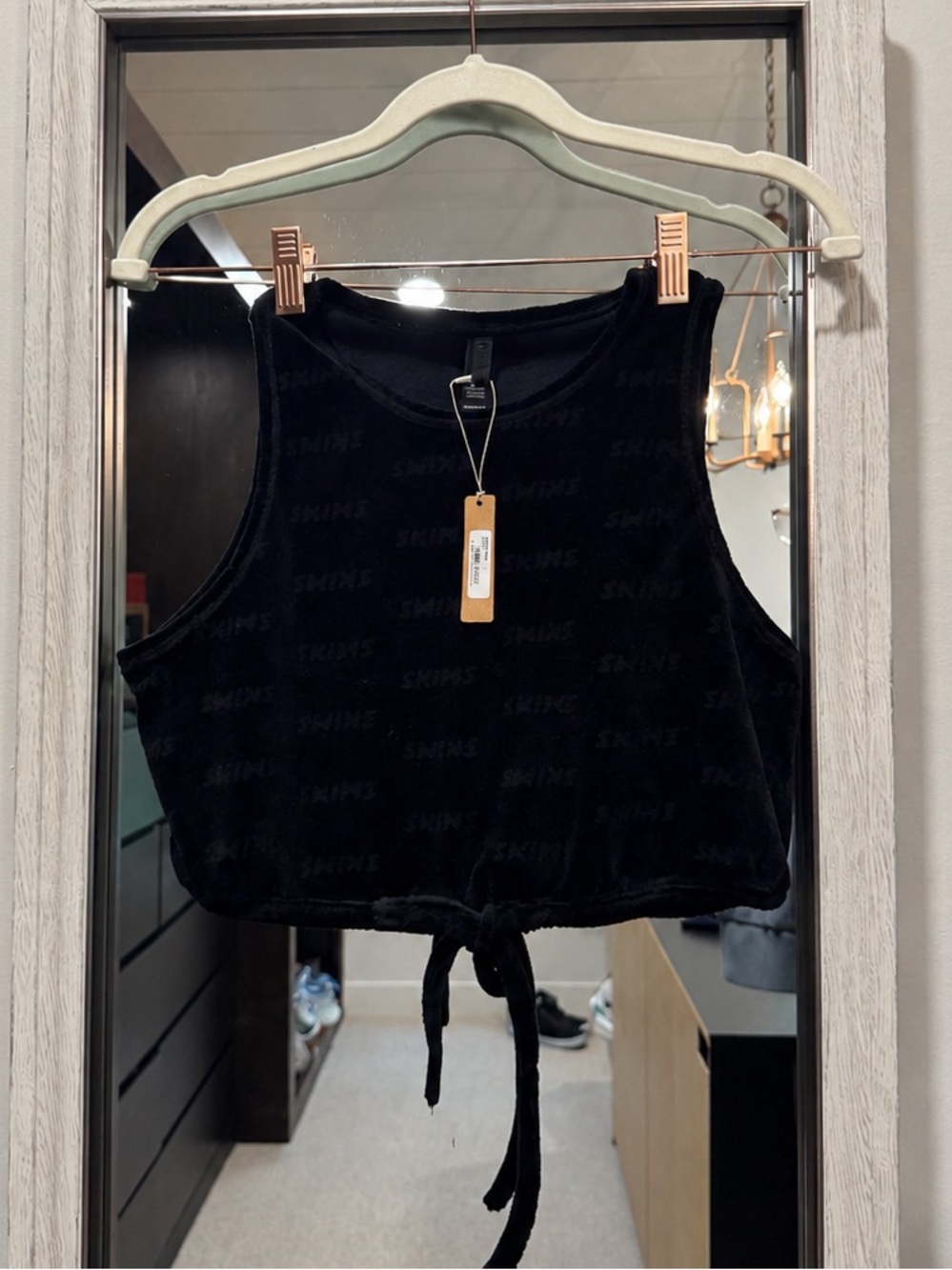 NWT SKIMS Onyx Black Logo Velour Cropped Tank Top Size Small